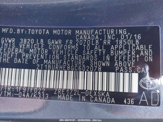 Photo 8 VIN: 2T1BURHE8GC602078 - TOYOTA COROLLA 