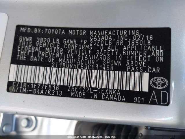 Photo 8 VIN: 2T1BURHE8GC611458 - TOYOTA COROLLA 