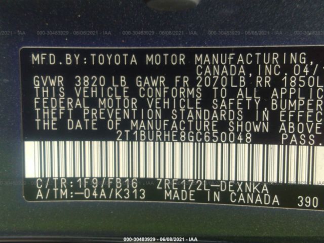 Photo 8 VIN: 2T1BURHE8GC650048 - TOYOTA COROLLA 