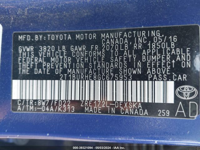 Photo 8 VIN: 2T1BURHE8GC675953 - TOYOTA COROLLA 