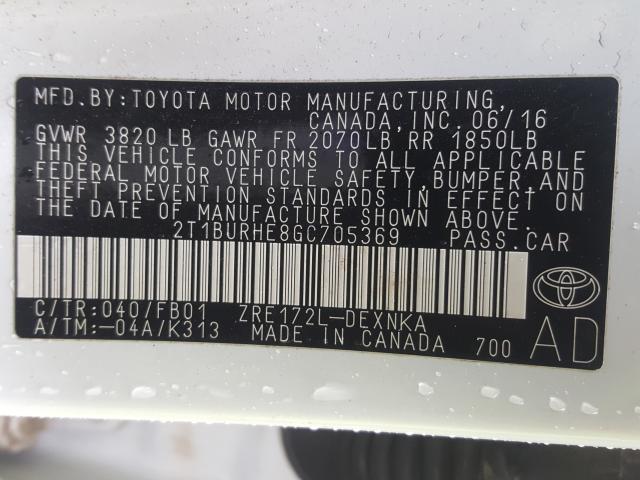 Photo 9 VIN: 2T1BURHE8GC705369 - TOYOTA COROLLA L 