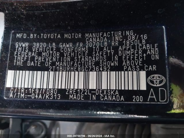 Photo 8 VIN: 2T1BURHE8GC736492 - TOYOTA COROLLA 