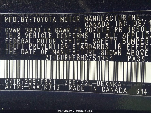 Photo 8 VIN: 2T1BURHE8HC751351 - TOYOTA COROLLA 