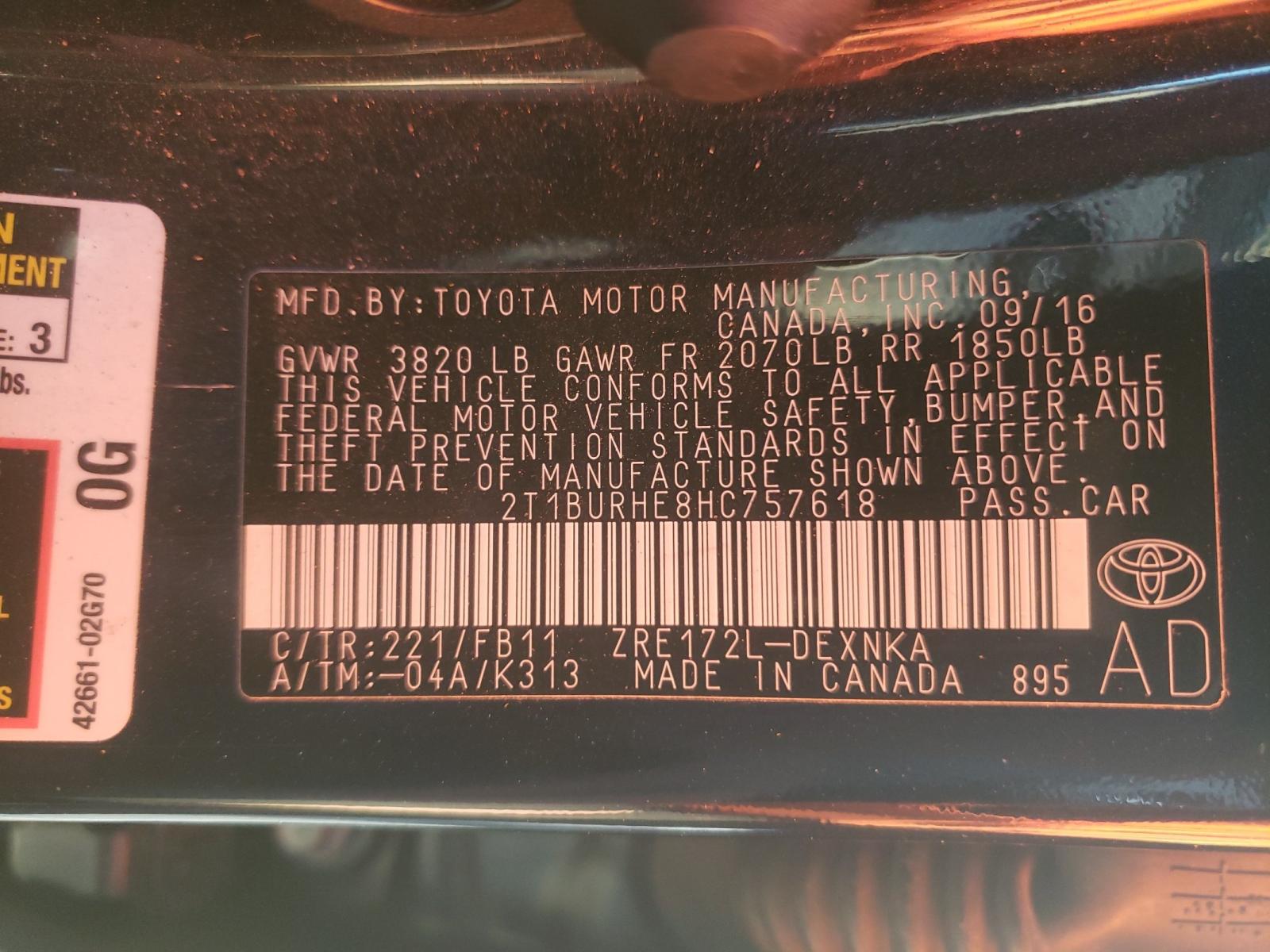 Photo 8 VIN: 2T1BURHE8HC757618 - TOYOTA COROLLA L 