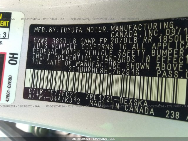 Photo 8 VIN: 2T1BURHE8HC762916 - TOYOTA COROLLA 