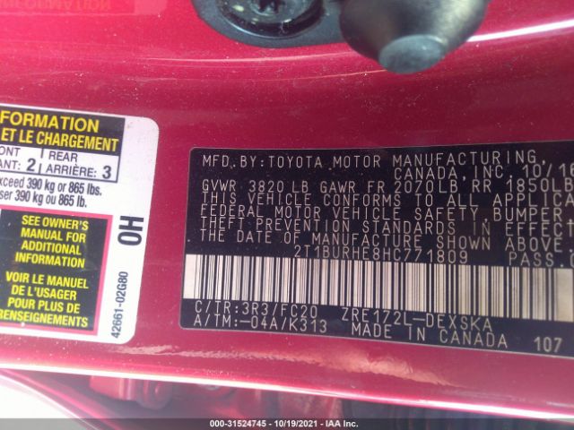 Photo 8 VIN: 2T1BURHE8HC771809 - TOYOTA COROLLA 