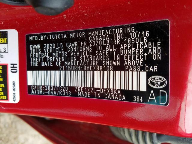 Photo 9 VIN: 2T1BURHE8HC788108 - TOYOTA COROLLA L 