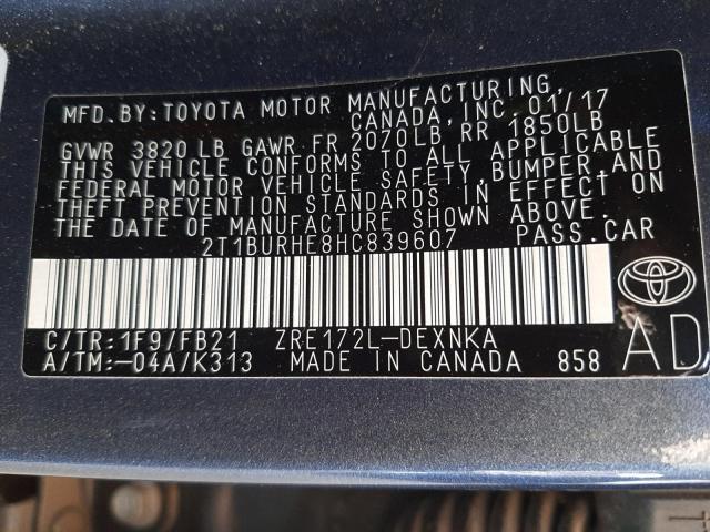 Photo 9 VIN: 2T1BURHE8HC839607 - TOYOTA COROLLA L 