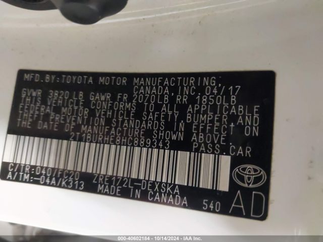 Photo 8 VIN: 2T1BURHE8HC889343 - TOYOTA COROLLA 