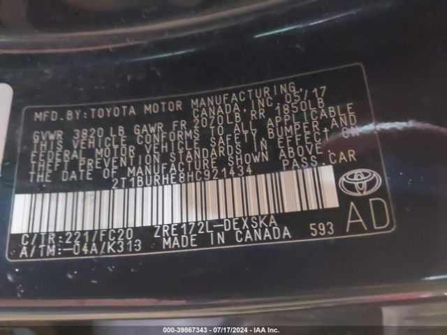 Photo 8 VIN: 2T1BURHE8HC921434 - TOYOTA COROLLA 