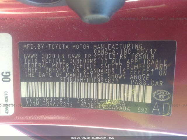 Photo 8 VIN: 2T1BURHE8HC924821 - TOYOTA COROLLA 