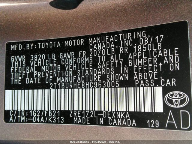 Photo 8 VIN: 2T1BURHE8HC963005 - TOYOTA COROLLA 