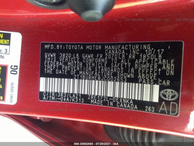 Photo 8 VIN: 2T1BURHE8JC002653 - TOYOTA COROLLA 