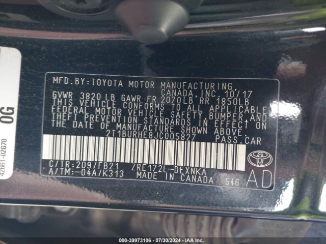 Photo 8 VIN: 2T1BURHE8JC005827 - TOYOTA COROLLA 