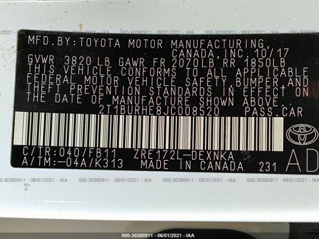 Photo 8 VIN: 2T1BURHE8JC008520 - TOYOTA COROLLA 