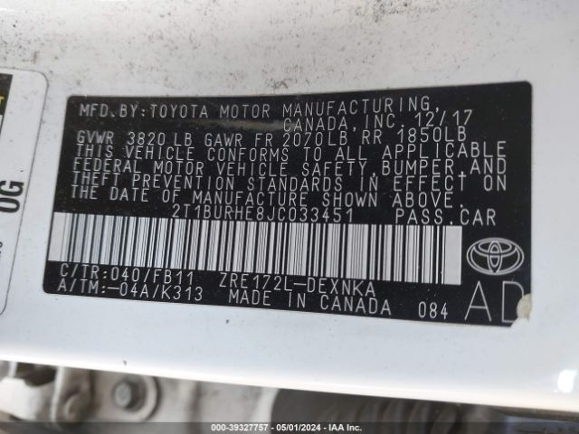 Photo 8 VIN: 2T1BURHE8JC033451 - TOYOTA COROLLA 