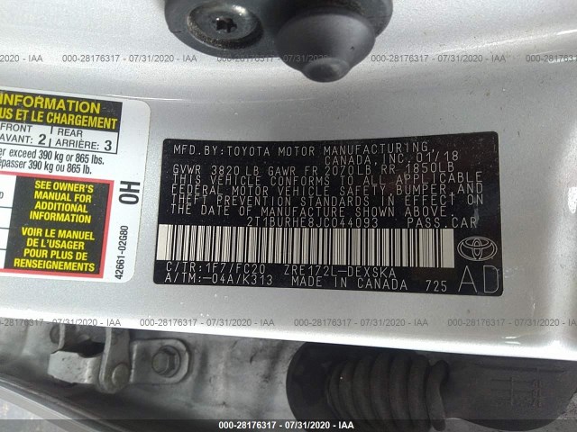 Photo 8 VIN: 2T1BURHE8JC044093 - TOYOTA COROLLA 