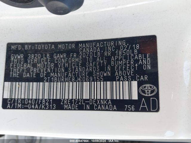 Photo 8 VIN: 2T1BURHE8JC069155 - TOYOTA COROLLA 