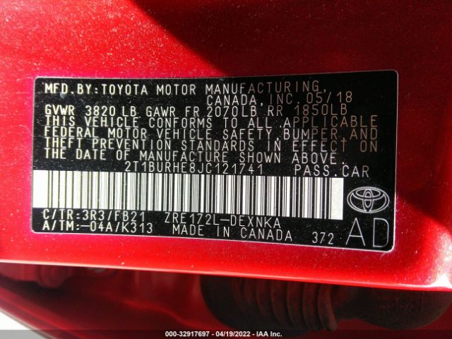 Photo 8 VIN: 2T1BURHE8JC121741 - TOYOTA COROLLA 