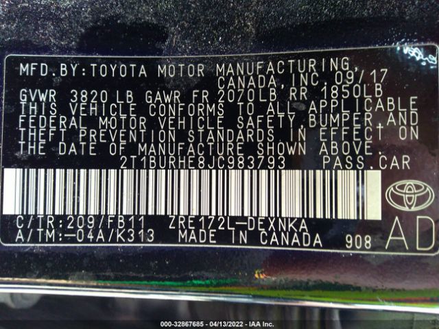 Photo 8 VIN: 2T1BURHE8JC983793 - TOYOTA COROLLA 