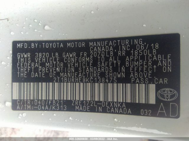 Photo 8 VIN: 2T1BURHE8KC138475 - TOYOTA COROLLA 