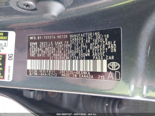 Photo 8 VIN: 2T1BURHE8KC139173 - TOYOTA COROLLA 