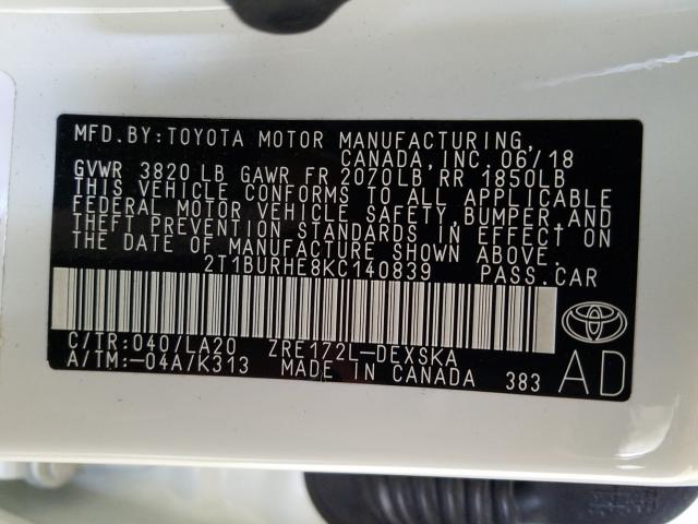 Photo 9 VIN: 2T1BURHE8KC140839 - TOYOTA COROLLA L 