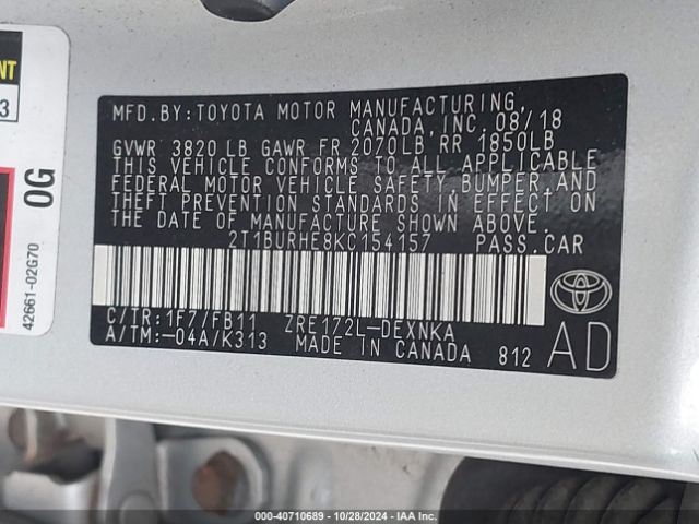 Photo 8 VIN: 2T1BURHE8KC154157 - TOYOTA COROLLA 