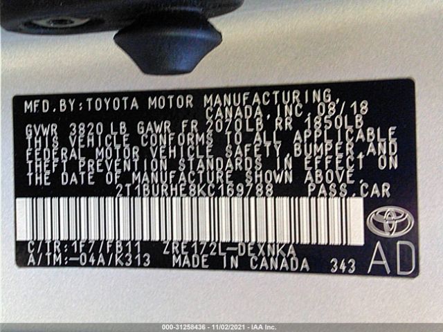 Photo 8 VIN: 2T1BURHE8KC169788 - TOYOTA COROLLA 