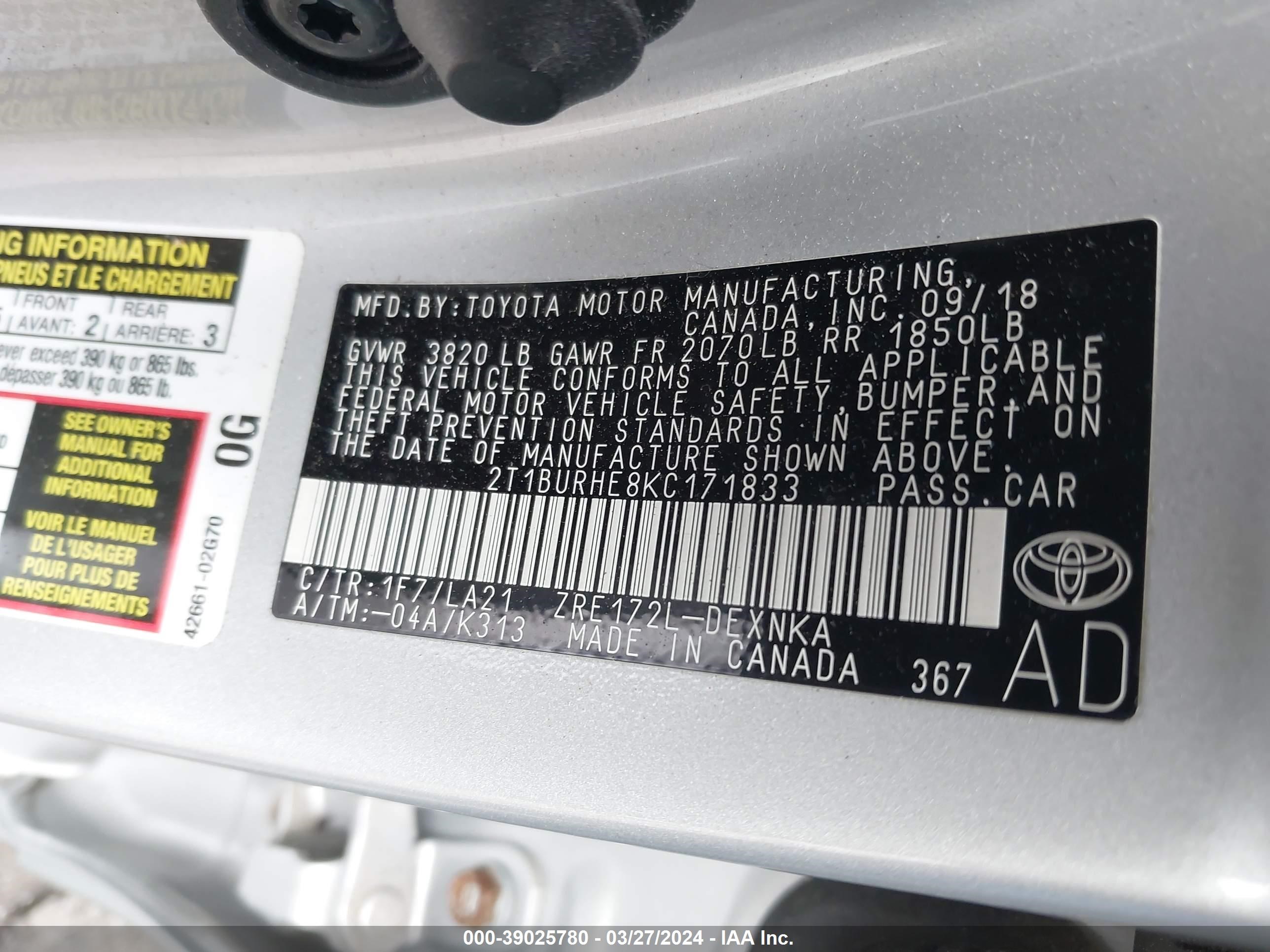 Photo 8 VIN: 2T1BURHE8KC171833 - TOYOTA COROLLA 