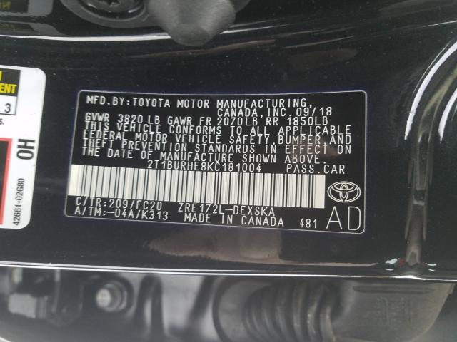 Photo 9 VIN: 2T1BURHE8KC181004 - TOYOTA COROLLA L 