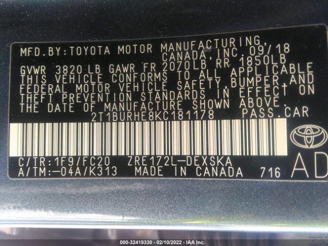 Photo 8 VIN: 2T1BURHE8KC181178 - TOYOTA COROLLA 