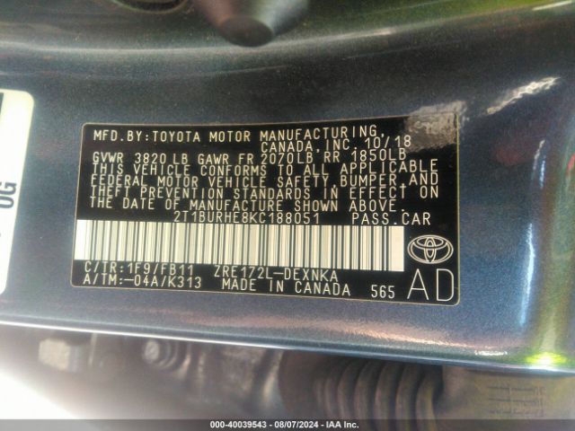 Photo 8 VIN: 2T1BURHE8KC188051 - TOYOTA COROLLA 