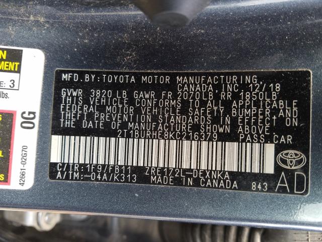 Photo 9 VIN: 2T1BURHE8KC216379 - TOYOTA COROLLA L 