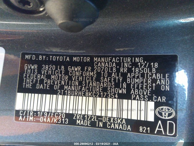 Photo 8 VIN: 2T1BURHE8KC217354 - TOYOTA COROLLA 