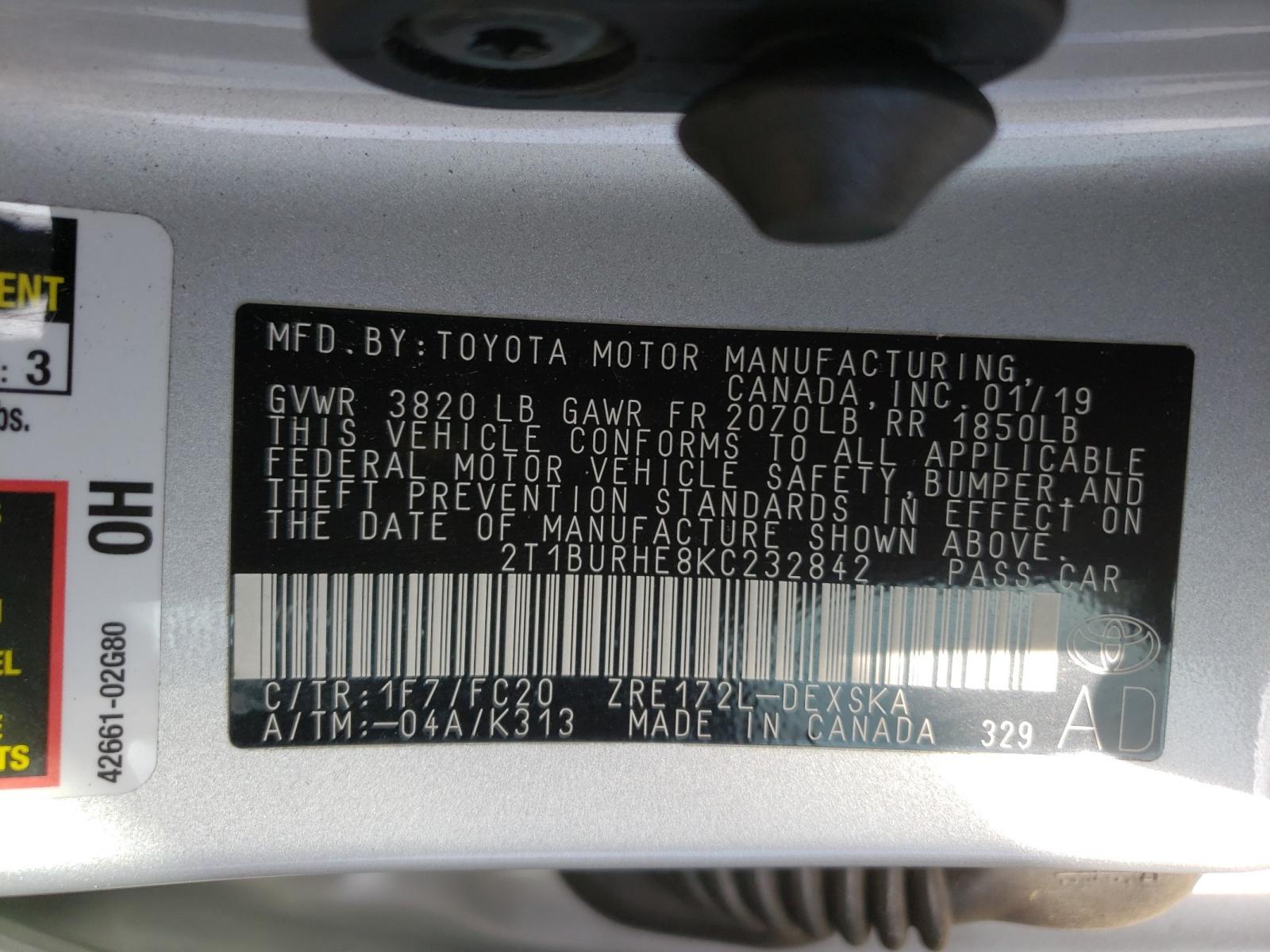 Photo 9 VIN: 2T1BURHE8KC232842 - TOYOTA COROLLA L 