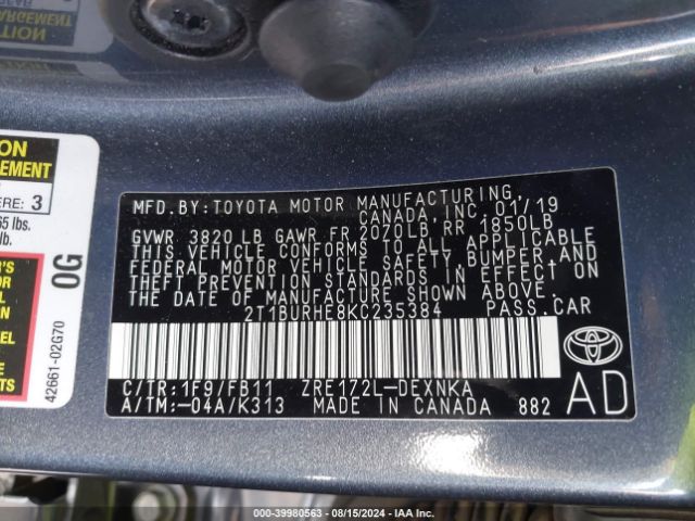 Photo 8 VIN: 2T1BURHE8KC235384 - TOYOTA COROLLA 