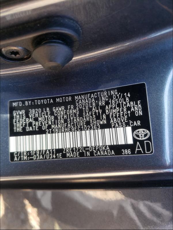 Photo 9 VIN: 2T1BURHE9EC102363 - TOYOTA COROLLA L 