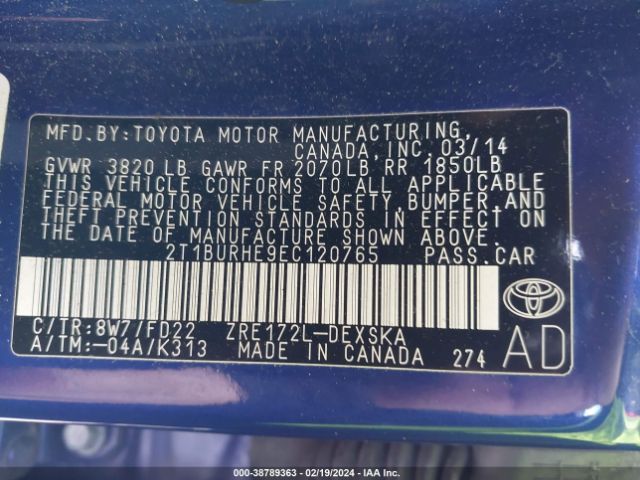 Photo 8 VIN: 2T1BURHE9EC120765 - TOYOTA COROLLA 