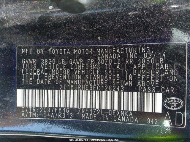 Photo 8 VIN: 2T1BURHE9EC126243 - TOYOTA COROLLA 