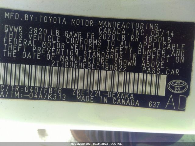 Photo 8 VIN: 2T1BURHE9EC180822 - TOYOTA COROLLA 