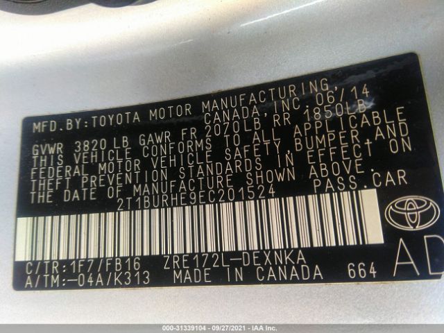 Photo 8 VIN: 2T1BURHE9EC201524 - TOYOTA COROLLA 