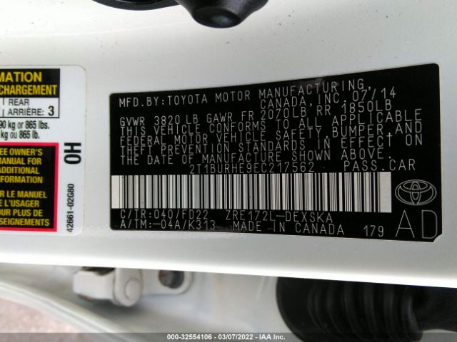 Photo 8 VIN: 2T1BURHE9EC217562 - TOYOTA COROLLA 