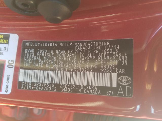 Photo 9 VIN: 2T1BURHE9EC218226 - TOYOTA COROLLA L 