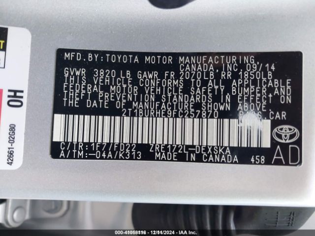 Photo 8 VIN: 2T1BURHE9FC257870 - TOYOTA COROLLA 