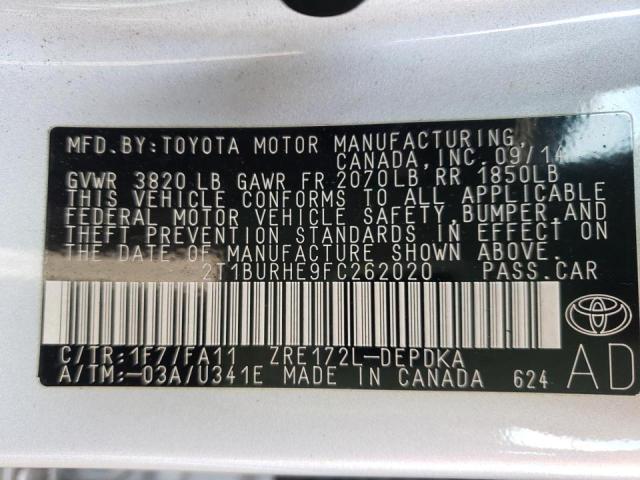 Photo 9 VIN: 2T1BURHE9FC262020 - TOYOTA COROLLA L 