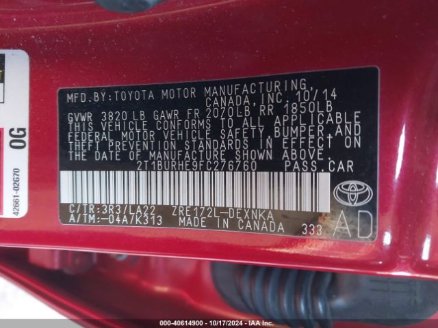 Photo 8 VIN: 2T1BURHE9FC276760 - TOYOTA COROLLA 