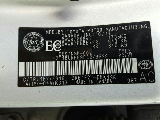 Photo 9 VIN: 2T1BURHE9FC279528 - TOYOTA COROLLA L 