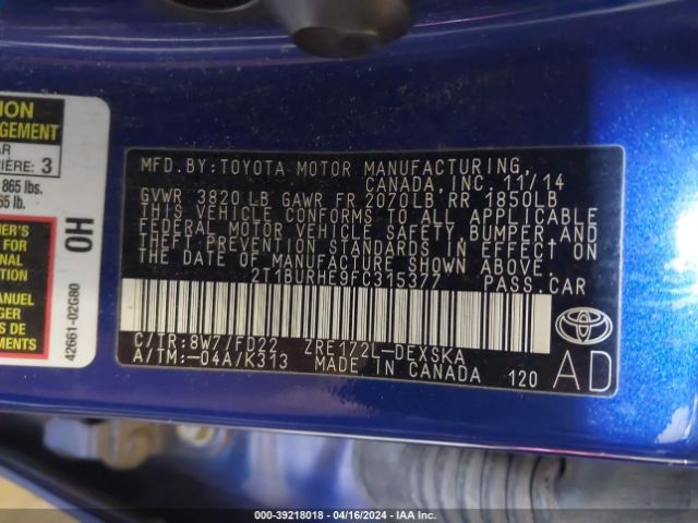 Photo 8 VIN: 2T1BURHE9FC315377 - TOYOTA COROLLA 