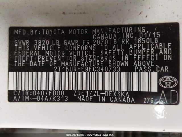 Photo 8 VIN: 2T1BURHE9FC340733 - TOYOTA COROLLA 